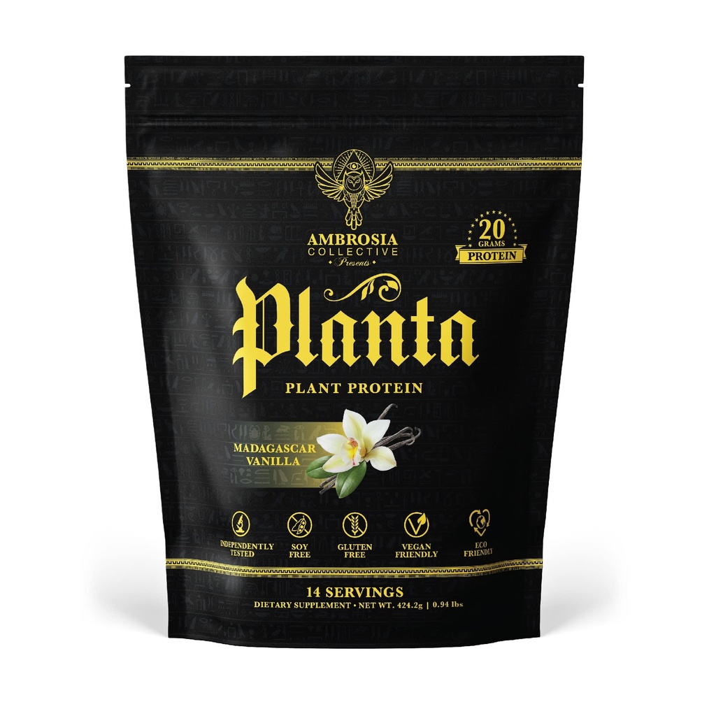 Ambrosia Planta - Premium Plant- based Protein current 124; Vegan & Keto Friendly currency currency 124; Gourmet Flavors with No Floating or Stomach Upset current 124; Gluten & Soy Free current 124; No Add Sugar currency 124; 14 Servings currency 124; (Vanilla)