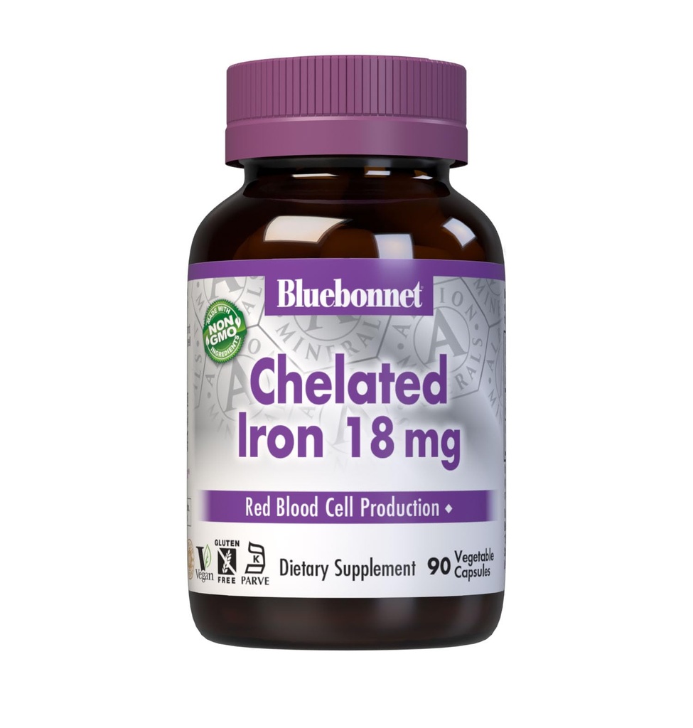 Bluebonnet Nutrition Chelated Iron 18 mg - non-constipating Iron - Soy- Free, gluten- Free, Non-GMO, Kosher Certified, Dairy- Free, Vegan - 90 Zeleninové kapsle, 90 Služeb