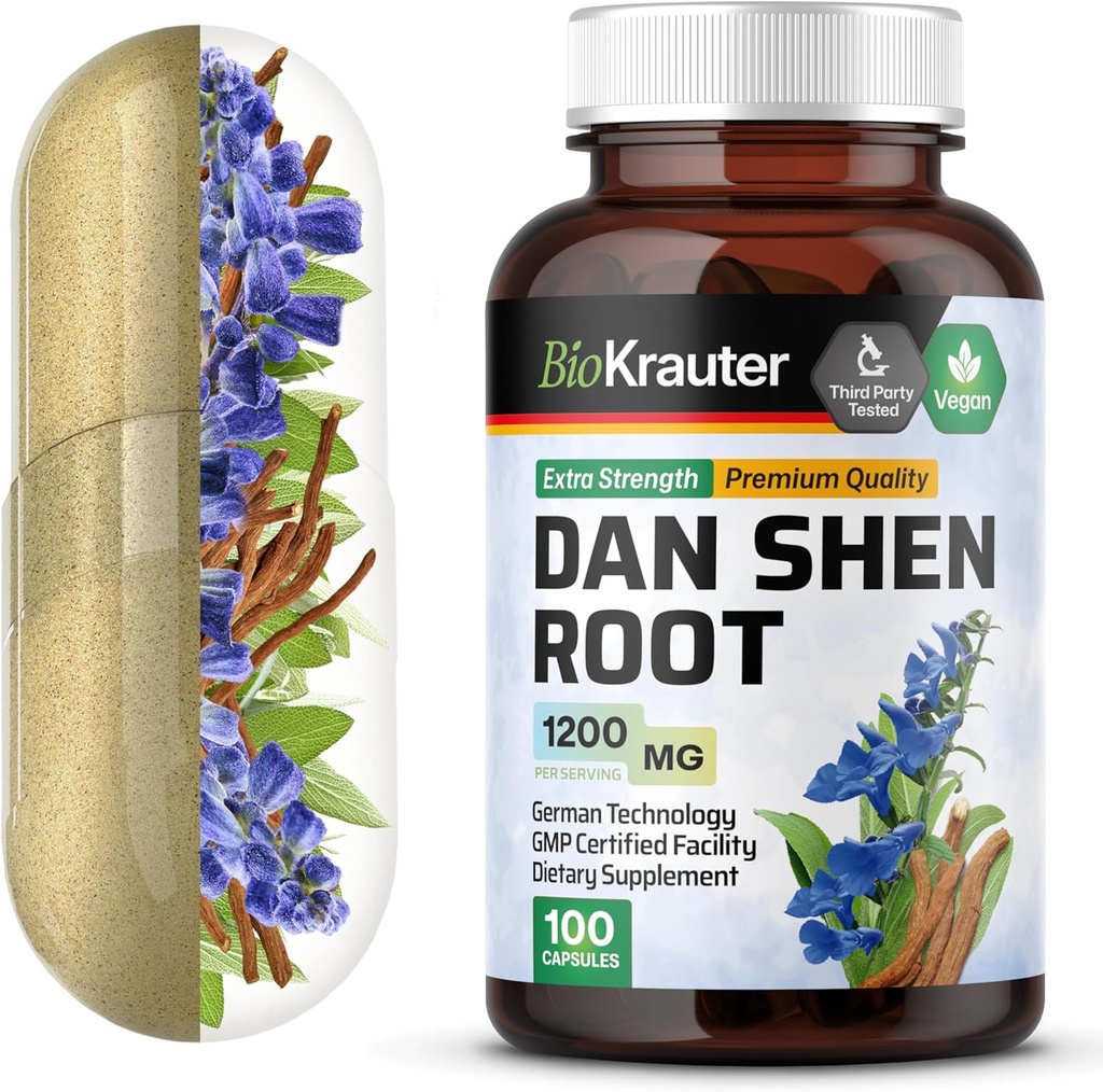 BIO KRAUTER Dan Shen Root Capsules - 1200 mg Síla - 100 Red Sage Caps - Antioxidant Source - Salvia Miltiorrhiza Root - Vegan