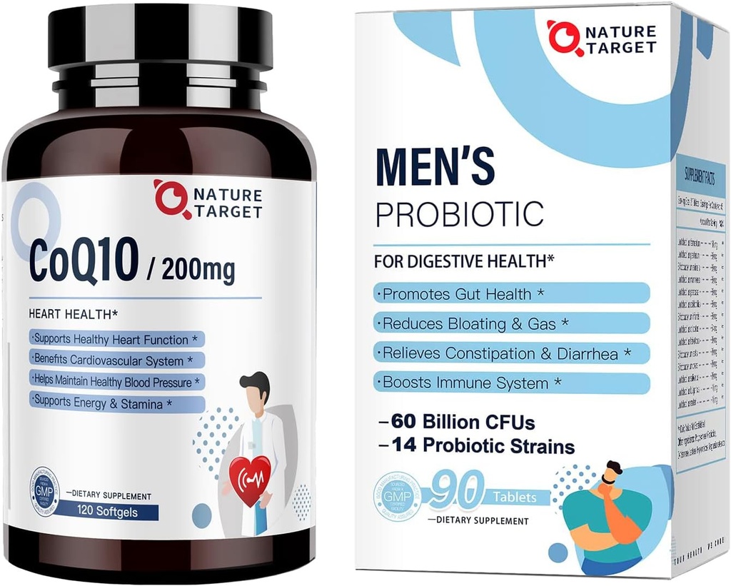 NATURE TARGET Probiotika pro muže 60 miliard CFUs14 Strains & CoQ10 200mg Softgels s PQQ Antioxidant pro Heart- Health and Energy Production