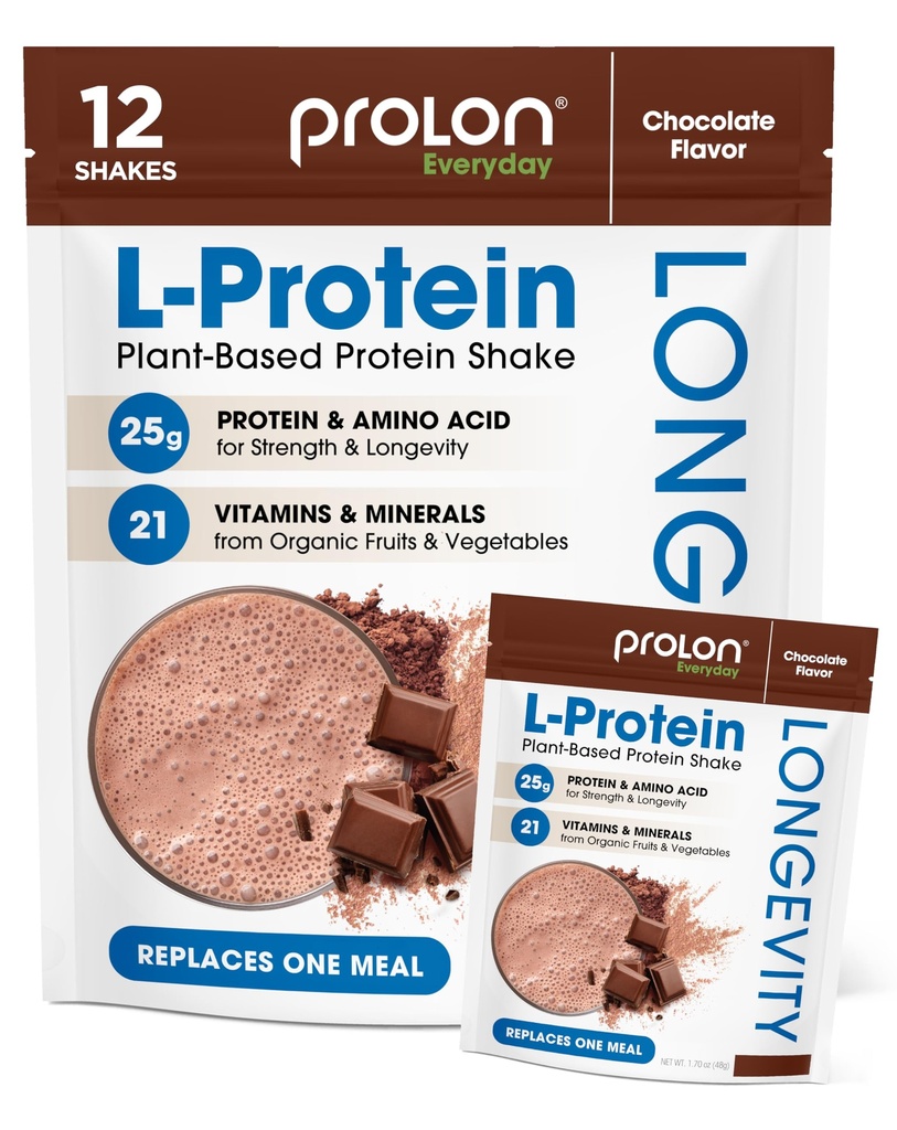 Prolon Longevity Plant Based Protein Powder 124; Muscle Syntéza & Opravy, Zdravé stárnutí, Zvýšení výkonu 124; Vitamíny, gluten Free, Amino kyseliny, Antioxidanty 124; 25g proteinu 124; Čokoláda, 12 Packets