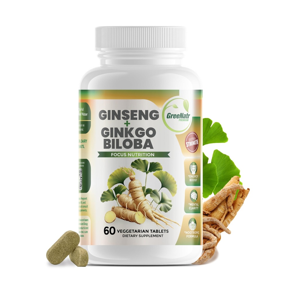 GreeNatr Ginko Biloba & Panax Ginseng Supplement - Červený Ginseng Brain Supplement for Memory and Focus - Ginkgo Biloba doplňky pro dobrou vizi, imunitní systém a lepší krevní tok - 60 Tablety