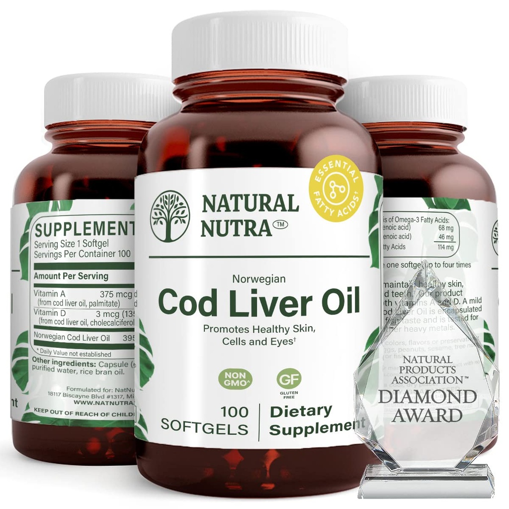 Natural Nutra Norské Cod Játra olej dodatek, Pomáhá udržet pokožku, pomáhá udržet tělesnou hustotu, Oční zdraví & Nerve funkce, podporuje zubní zdraví, podporuje kardiovaskulární zdraví, 100 Softgels