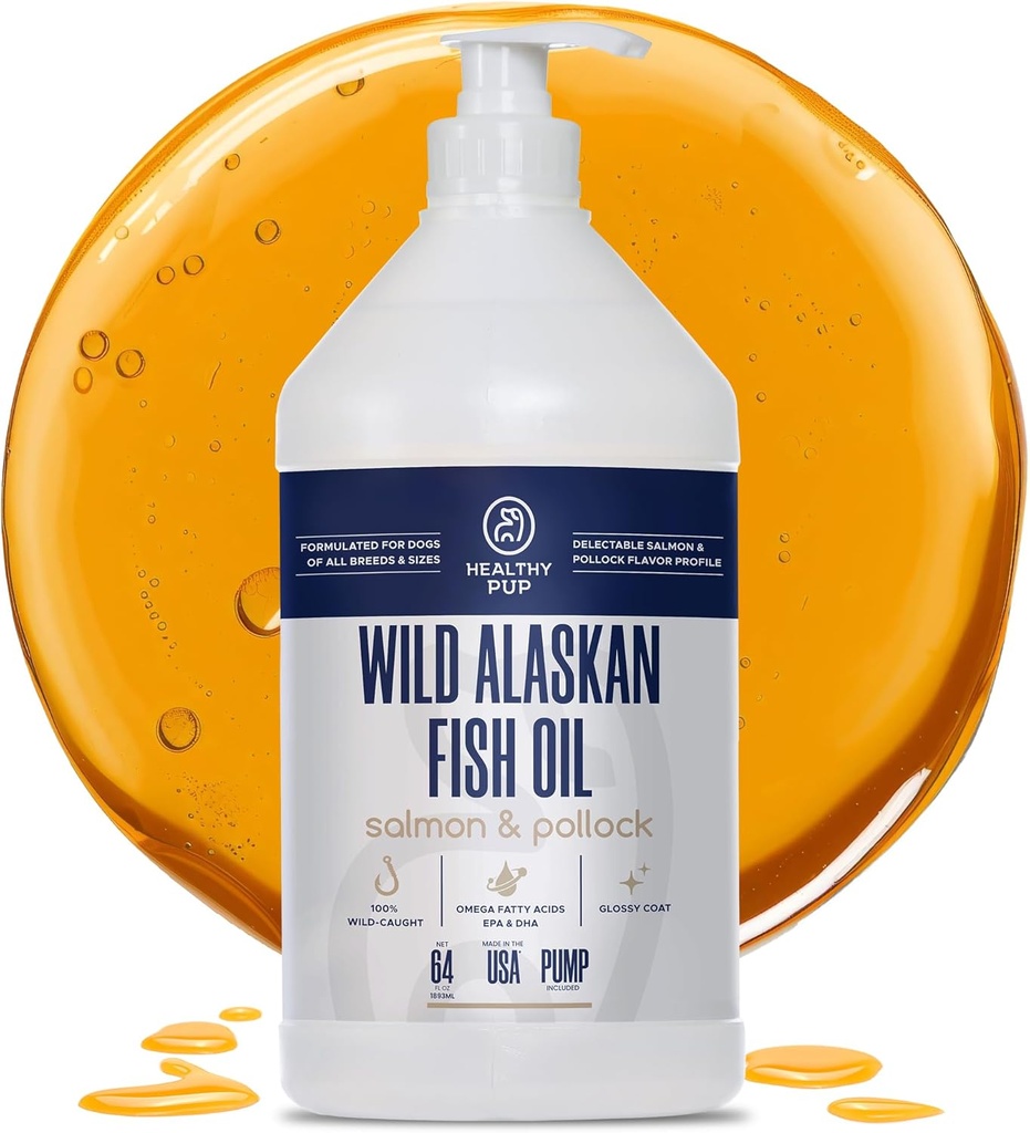 Divoký aljašský losos olej pro psy s Pollockem - 64 oz Pollock and Salmon Oil, Omega 3, EPA, a DHA - Psi kůže a kabát dodatek - Made in USA