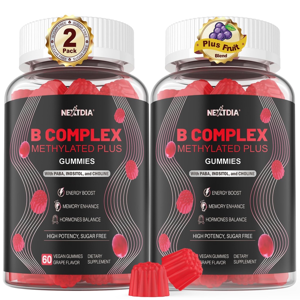 Brain & Mood Support Gummies, Super Vitamin B Komplex pro muže a ženy, All B Vitamin B1 B2 B3 B5 B6 B7 Folát MethyB12 s PABA, Inositol, Cholin, Podporuje MTHFR Gene & Energy, Vegan, 120Ct