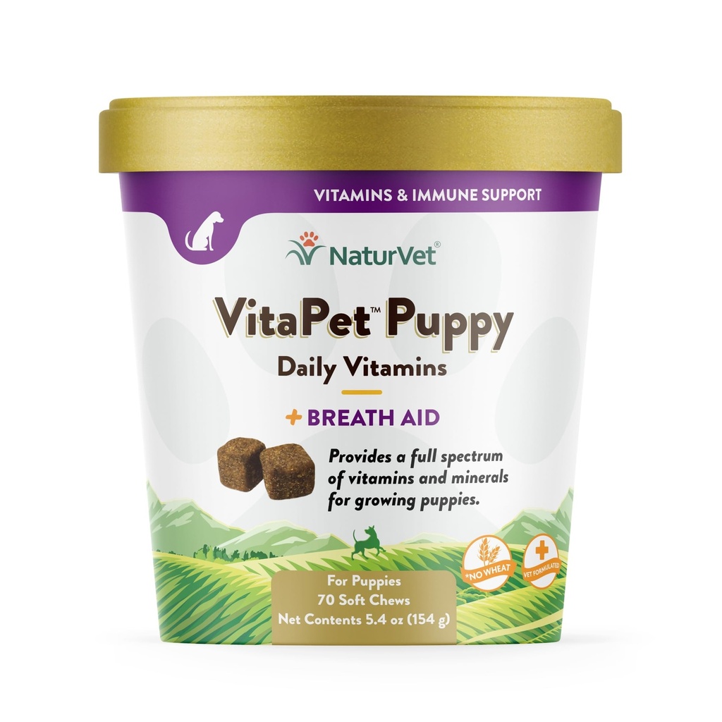 NaturVet - VitaPet Puppy Daily Vitamíny pro psy - Plus Dech Aid - Speciálně přizpůsobené k poskytování štěňat s esenciální vitamíny, minerály, aminokyseliny a mastné kyseliny (70 měkkých žvýkaček)