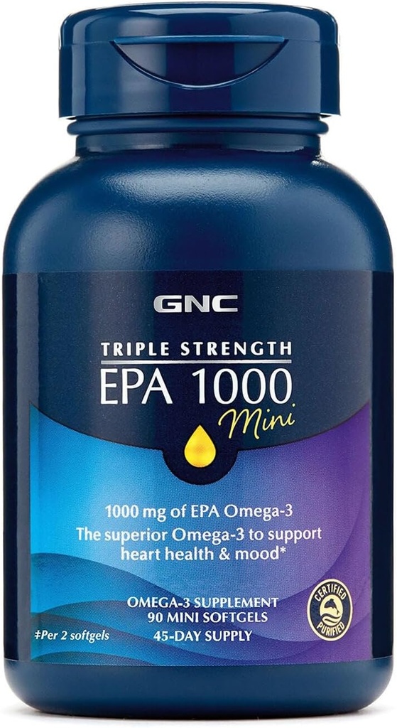 GNC Triple Strength Fish Oil EPA 1000 Mini, 1000mg Omega 3, Mini Softgels, Podporuje oko, mozek, kůže, zdravé triglyceridy, srdce, kloub, potažený do Control Fishy Burps, 45 Služeb