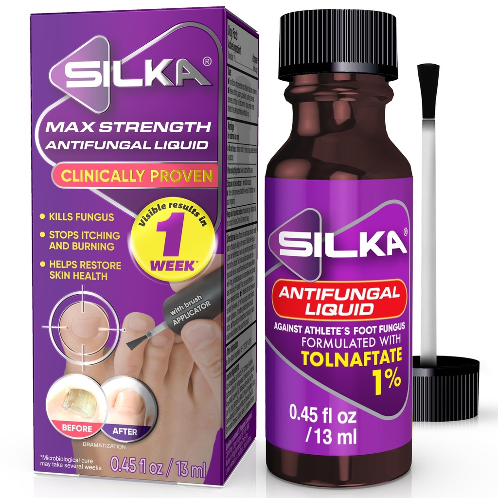 SILKA Max síla antimykotická tekutina pro nehty na zdraví s kartáčem aplikátor, Výsledky v 1 týdnu, Nail Fungus Léčba poškození nehtů, Athletova léčba nohou, Tolnaftate 1% 0,45 Fl Oz