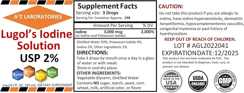 A2Z Organic Lugol 's jód and Draslík Iodide 2% Solution 3000 mcg - Liquid Supplement Kapky pro podporu štítné žlázy pro ženy a muže, Metabolismus zdraví, Detox Boost -1 Fl Oz / Made in USA / Stejný den Loď