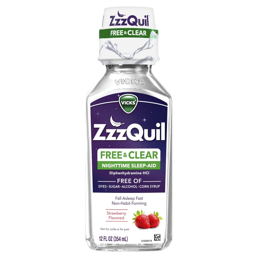 ZzzQuil, Nighttime Sleep Aid Liquid, BEZ alkoholu a umělých barviv,50 mg difenhydraminu HCl, č.1.