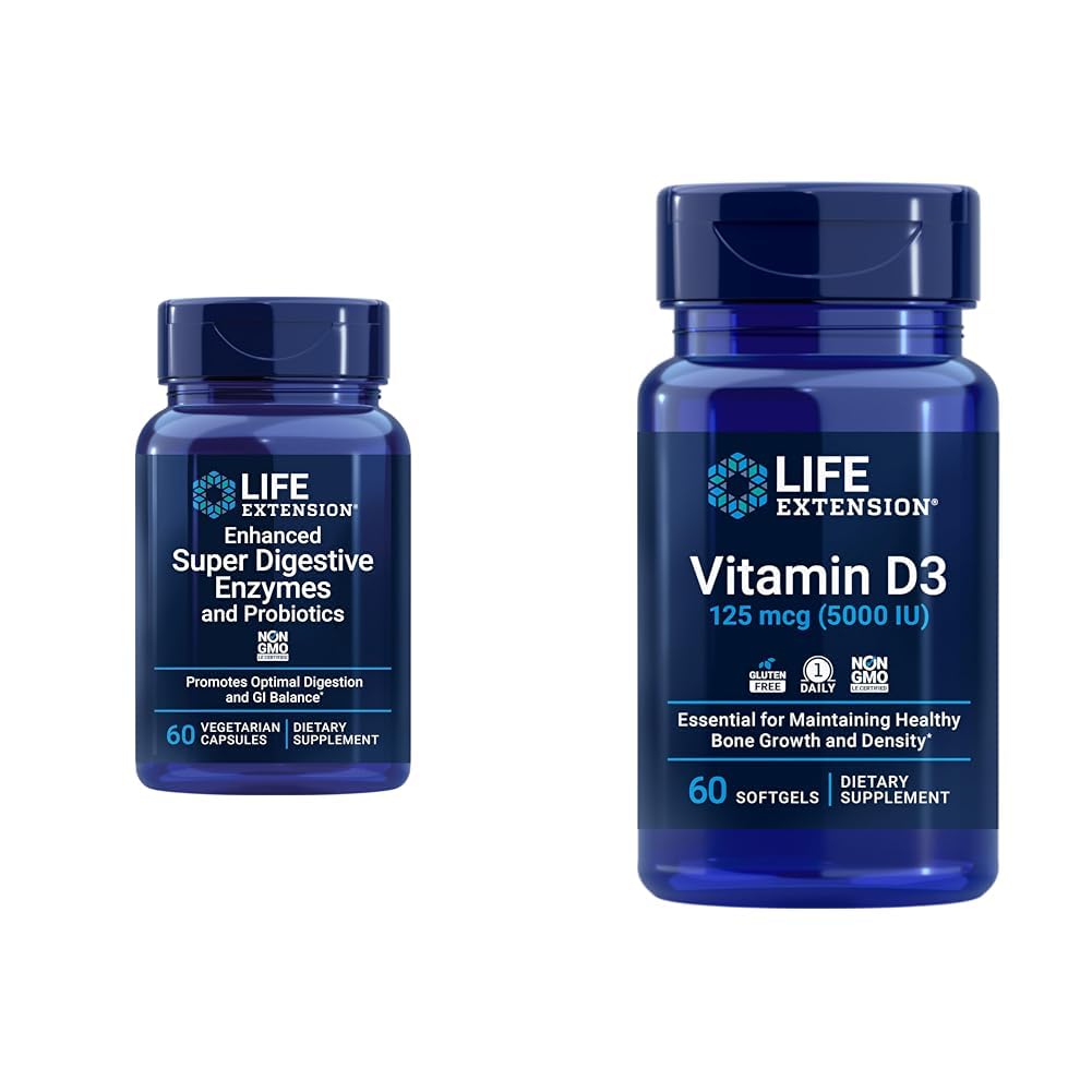 Life Extension 60- Count Super Digestive Enzymy & 5000 IU Vitamin D3 Kapsle pro Digestion, kost, mozek, imunitní zdraví