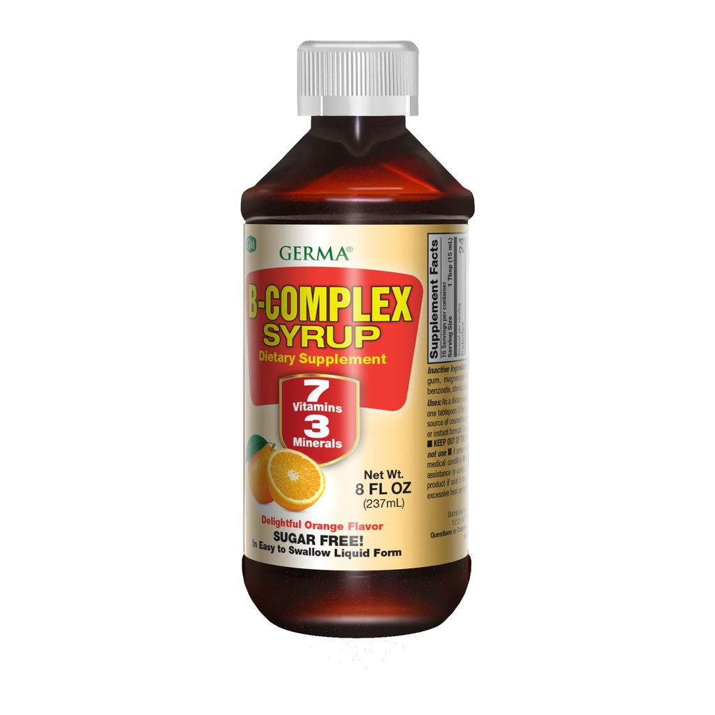 Germa B-Complex Syrup. Dietní dodatek. Kostní zdraví, růst a rozvoj pomoc. Cukr zdarma. Orange Flavor. 8 oz