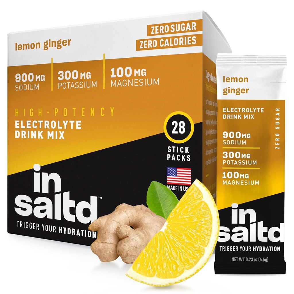 INSALTD ™ Sugar- Free Electrolytes Powder Packets with No Stevia Aftertact IR 124; High- Potency Hydration Packets IR 124; Keto Electrolyte Drinky IR 124; Intermitent Fasting Drink Mix IR 124; 28 Pack (Citron Ginger)