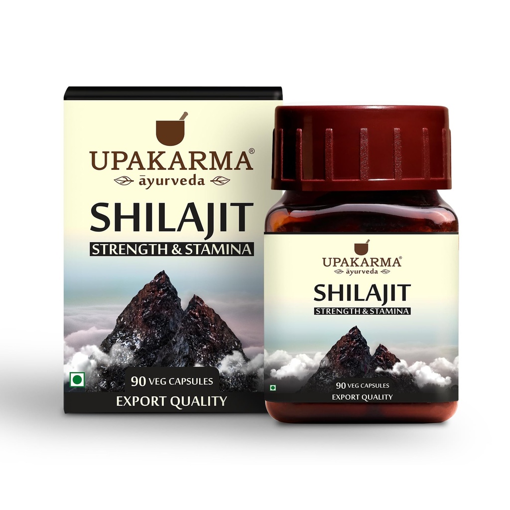 Upakarma Ayurveda 100% Pure Shilajit 90 Kapsle pro sílu, Stamina, Imunitní podpora, Přírodní zdroj kyseliny Fulvic & Trace Minerals- 1000 MG pro 2 kapsle (denní dávkování), 45 dní dodávky - balení po 1