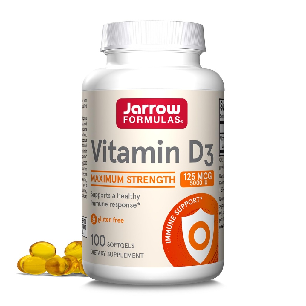 Jarrow Vitamin D3 125 mcg (5000 IU) - 100 Servingů (Softgels) - Kostní zdraví, imunitní podpora a metabolismus vápníku - vitamin D Dodatek - D3 Vitamíny - 5000 IU Vitamin D - Lepek zdarma