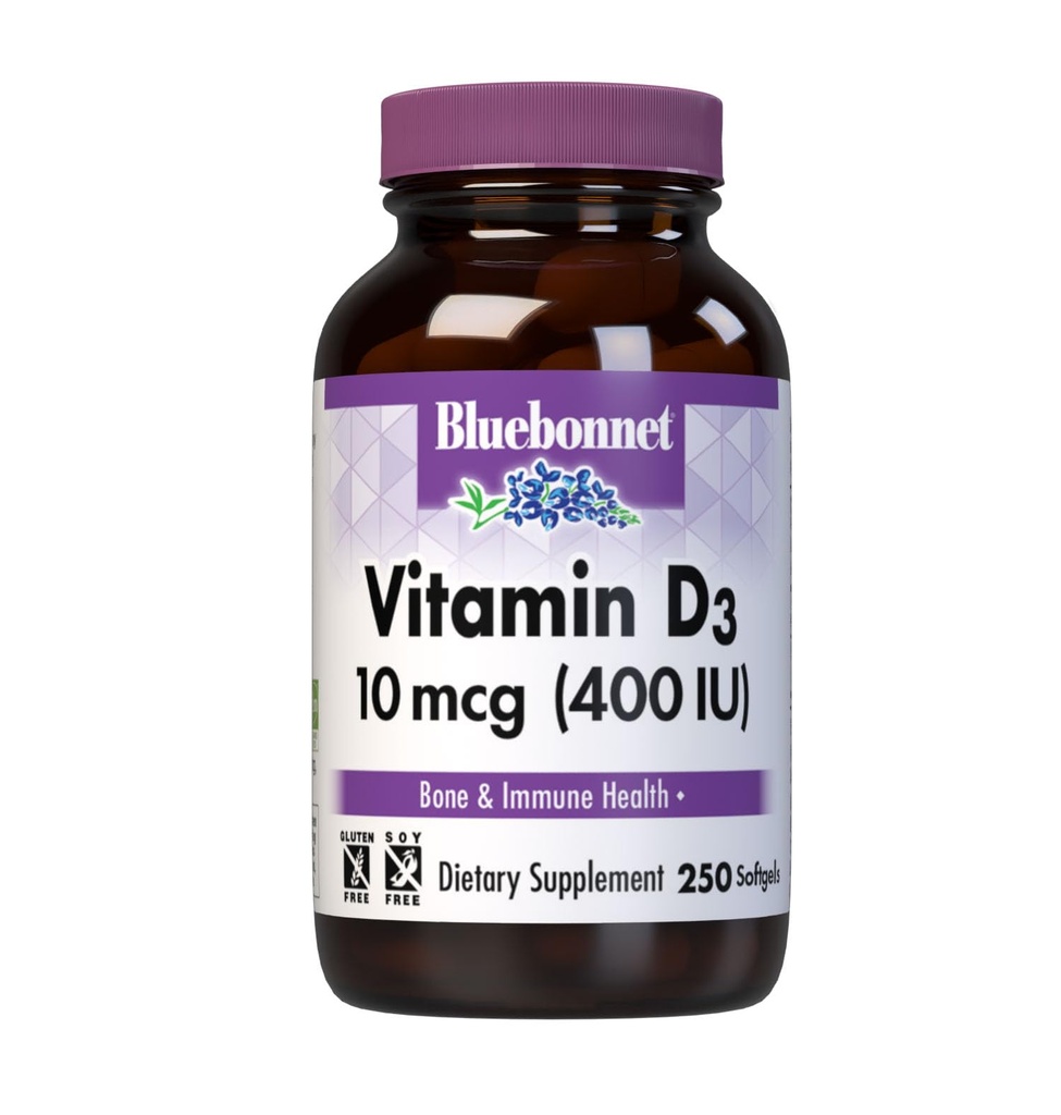Bluebonnet Nutrition Vitamin D3 400 IU Softgels, AIDS ve svalovém a skeletárním růstu, Cholekalciferol z rybího oleje, non GMO, gluten zdarma, Soy Free, Dairy Free, 250 Softgels