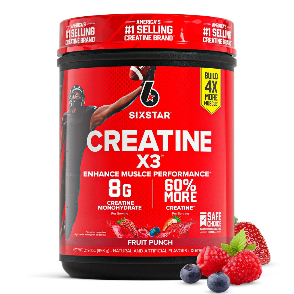 Six Star Creatine Monohydrát Powder, X3 (Ovocný punč) - Ochucené Creatine HCl Powder Monohydrát Dodatek pro budování svalů a výkon - Post Workout Dodatek pro muže a ženy - 30 Služebnictví
