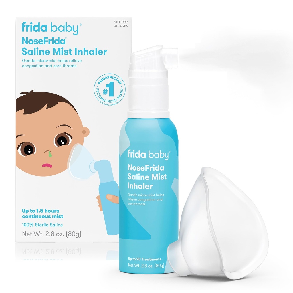 Frida Baby NoseFrida Saline Mist Nasal Inhaler, Decongestant Spray for Congestion & Alergics Relief for Babies + Kids, Nasal Saline Spray, Soothes Stuffy Nose & Sore Throat, Obsahuje masku