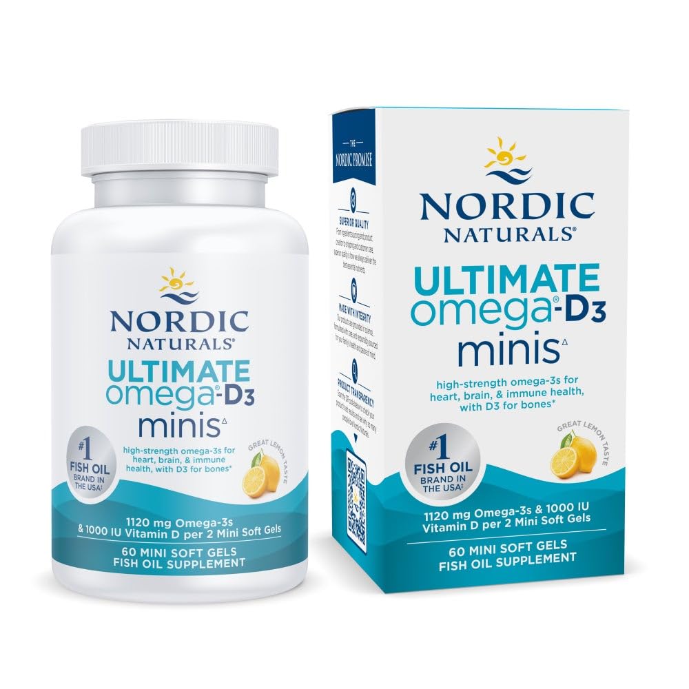 Nordic Naturals Ultimate Omega Mini D3, Lemon Flavor - 60 Mini měkké gely - 1120 mg Omega33 + 1000 IU vitaminu D3 - EPA & DHA - Promotes Brain & Heart Health - 30 Servings