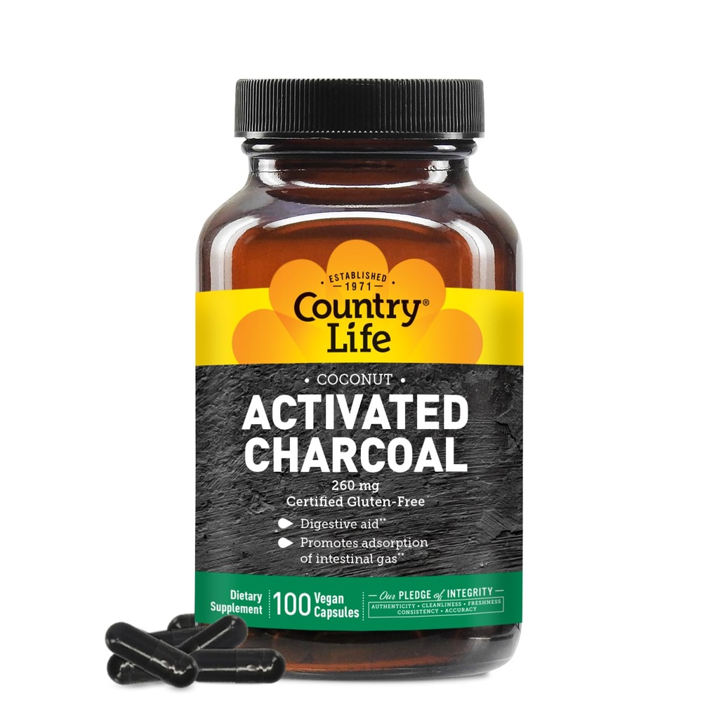 Country Life Coconut Activated Charcoal Capsules, 260mg - Přírodní Charcoal Supplement for Gas and Bloating Relief - Gluten- Free, 100 Vegan Kapsle