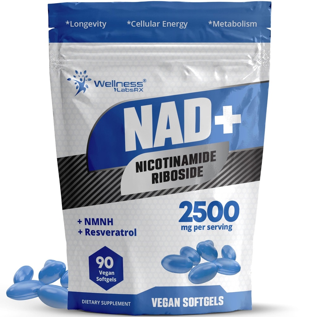 WELLNESS LABSRX Lipozomální NAD + Doplněk - Third- Party Testovaný NAD Softgels Nicotinamid Riboside Resveratrol - 2500mg Liposomální NAD doplňky pro ženy - Podpora dlouhověkosti - Made in USA