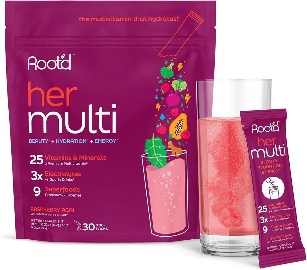 Root 'd Multivitamin prášek pro ženy - 25 Vitamíny a minerály s 3X Electrolytes, 9 Organic Superfoods, Probiotika & Enzymy, Sugar- Free Multivitamin & Hydratace 124; 30 Vitamin Drink Mix Packets