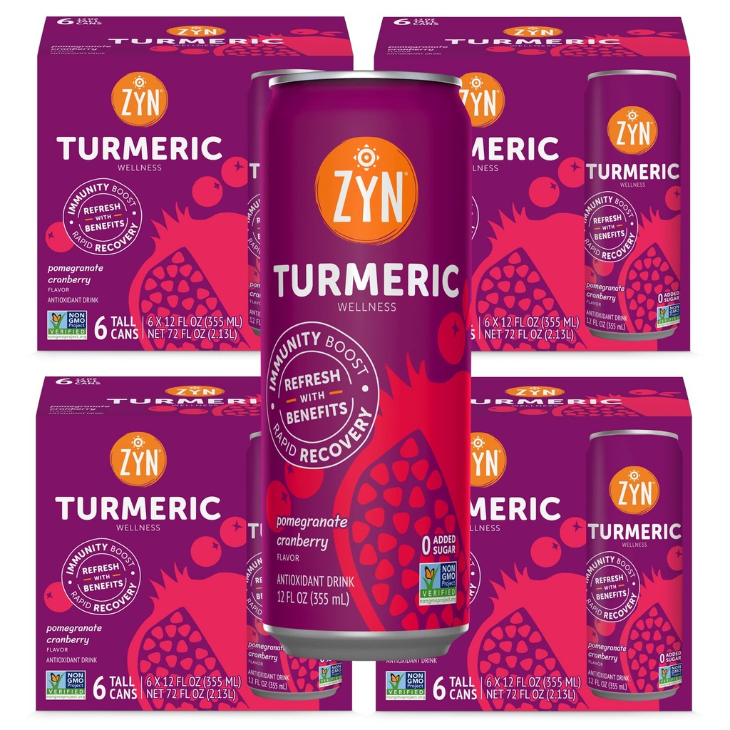 ZYN Turmeric Wellness Drink (24 Pack), Granátová brusinková ochucená kurkumin nápoj s černým pepřem, bez přidaného cukru, Nízké sacharidy a nízkokalorické nápoje, Čistá alternativa