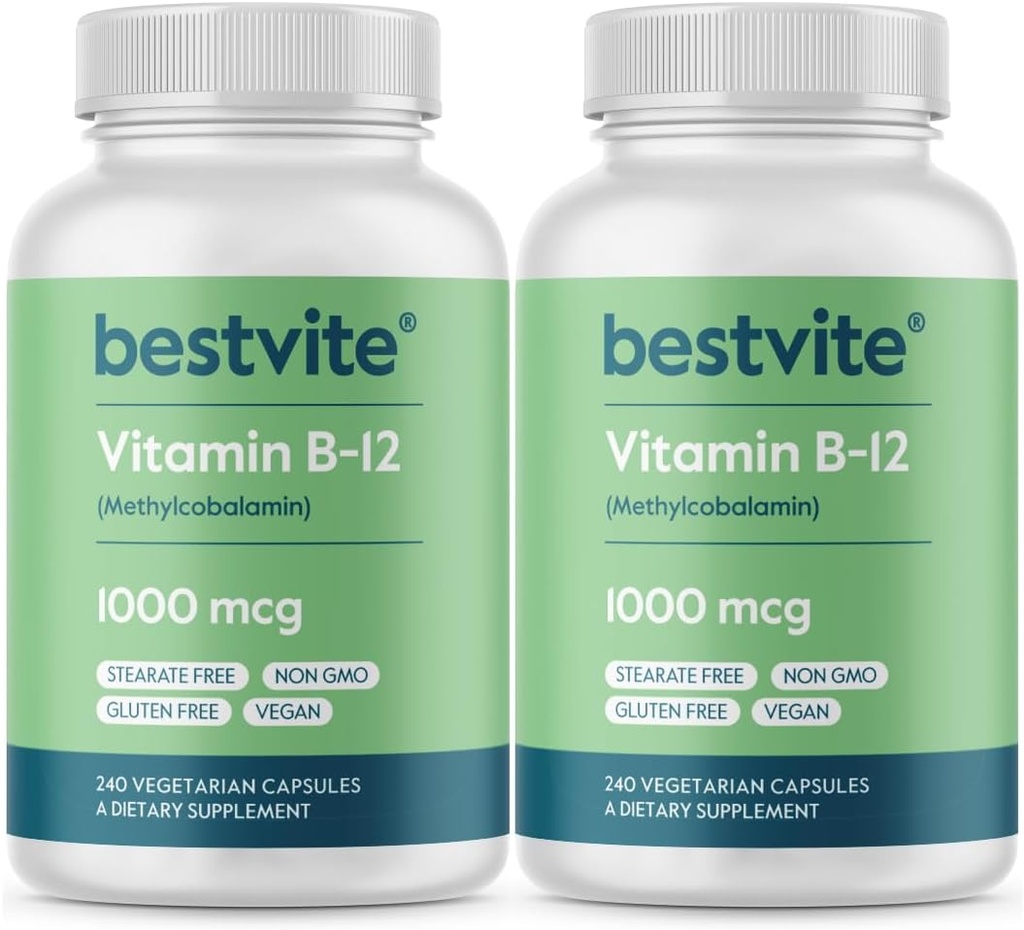 BESTVITE vitamin B12 (methylkobalamin) 1000mcg (480 Vegetariánských kapslí) (2 x 240) (methyl B12) - No Stearates - Vegan - Non GMO - gluten bez