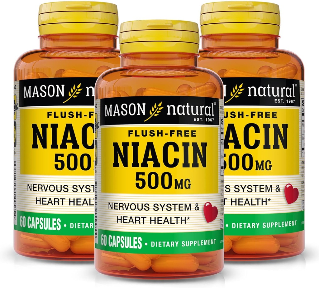 MASON NATURAL Niacin 500 mg Flush- Free, podporuje srdeční zdraví, nervový systém a výrobu energie, 60 tobolek, balení po 3 ks