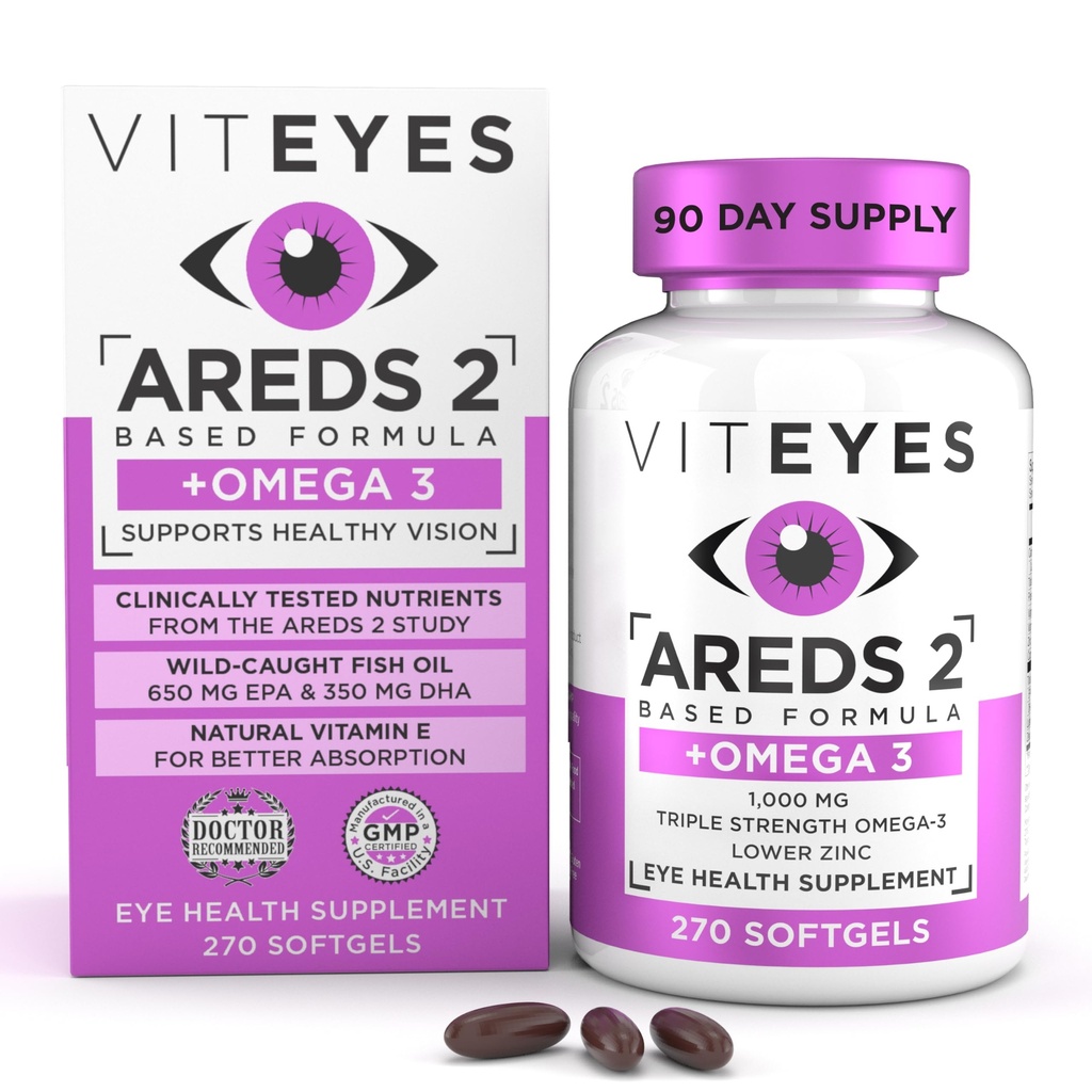 Viteyes ARES 2 + Omega33 Macular Support Softgels, Plus Triple Strength Omega33 (650 mg EPA, 350 mg DHA) pro zdraví a zdraví očí, oční vitaminy, dodatek k vidění, 270 Softgels