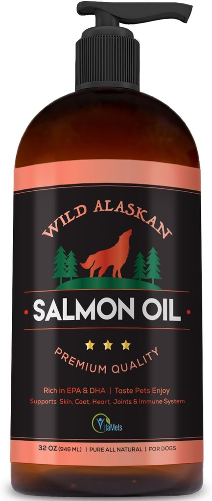 Divoký aljašský losos pro psy, kočky a zvířata v zájmovém chovu - 100% přírodní Omega33 Rybí olej dodatek s DHA a EPA Promotes Hip a společné funkce, Zdravá kůže a kabát (32 oz)
