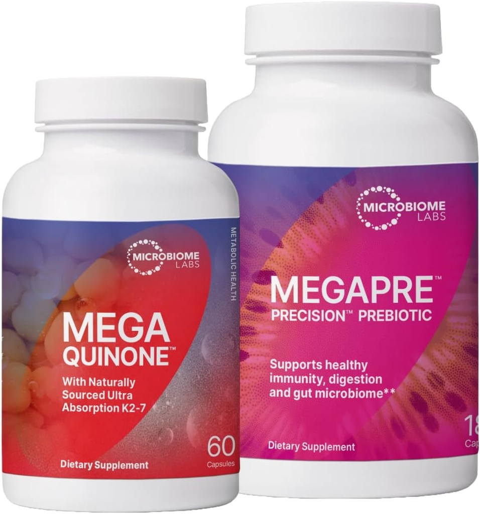 Mikrobiomové laboratoře MegaPre Prebiotic na podporu trávení & Gut bariéra (180 Kapsle) + MegaQuinone K2-7 Kompletní vitamin K dodatek s hořčíkem, zinek (60 Kapsle) - 2 Product Bundle