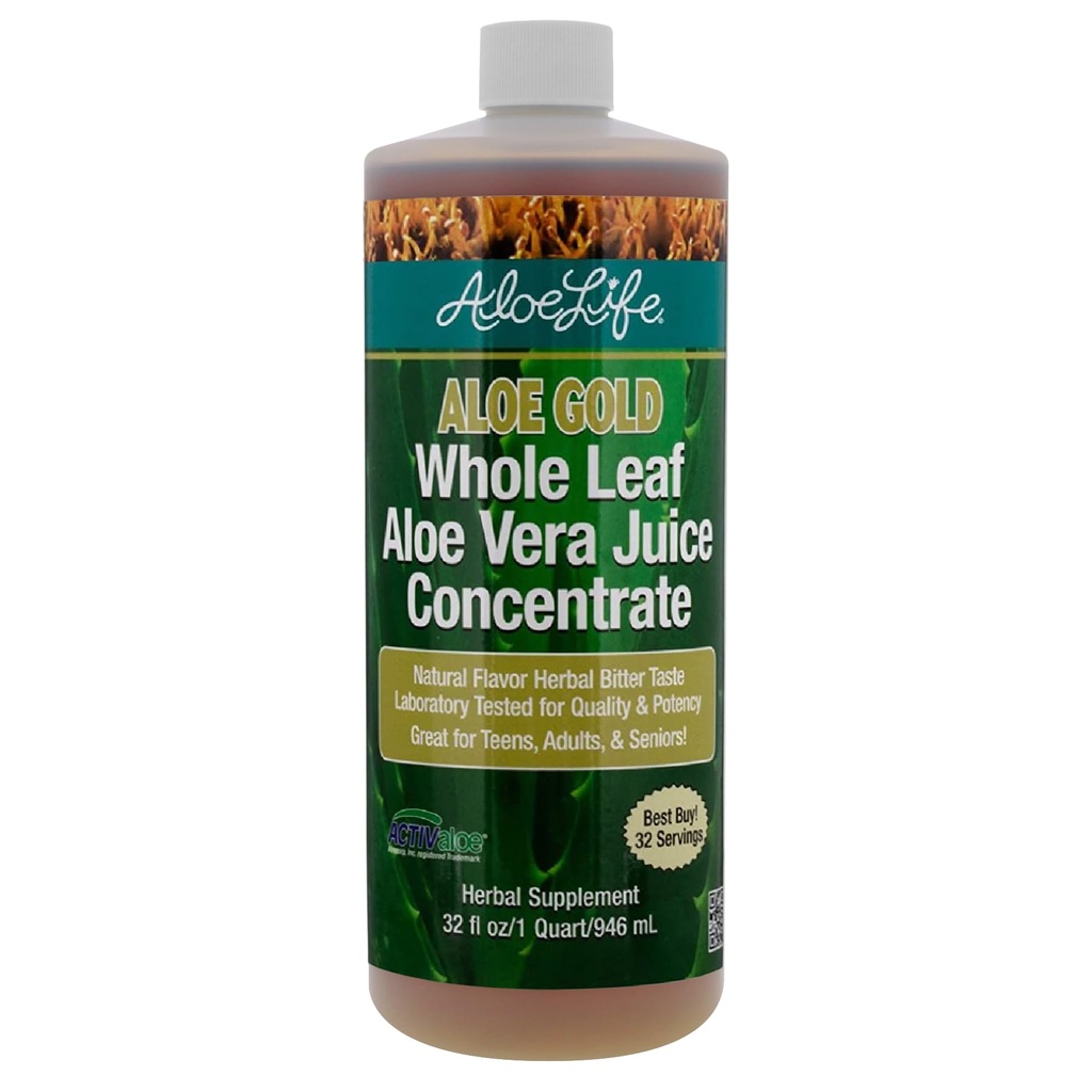 Aloe Life - Celý list Aloe Vera Juice, Certified Organic, gluten- Free (Aloe Gold, 32 oz)