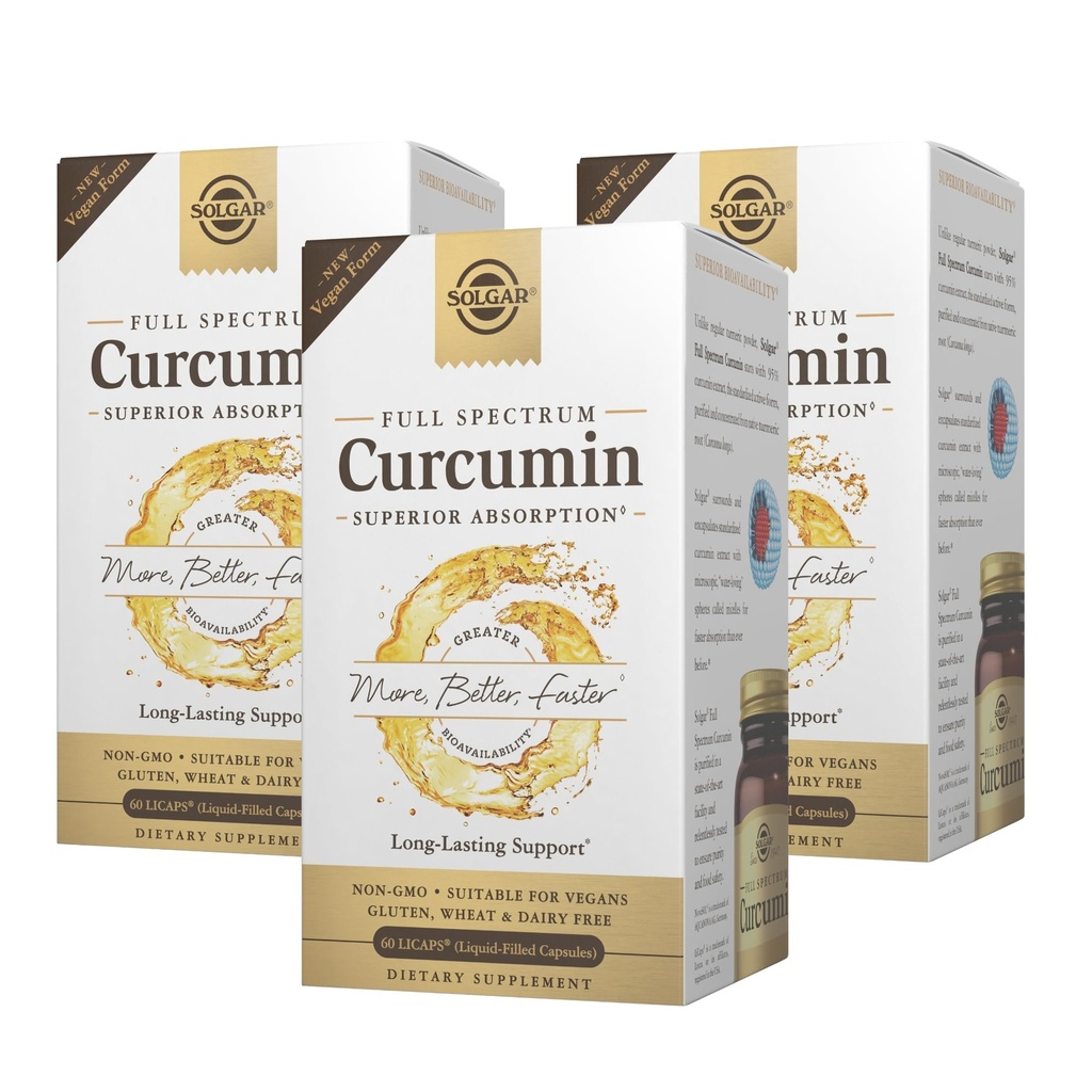 Solgar Full Spectrum Curcumin - 60 LiCaps, Pack of 3 - Superior Absorpce - Brain, Joint & Imunitary Health - Non- GMO, Vegan, Gluten Free, Dairy Free - 180 Total Servings