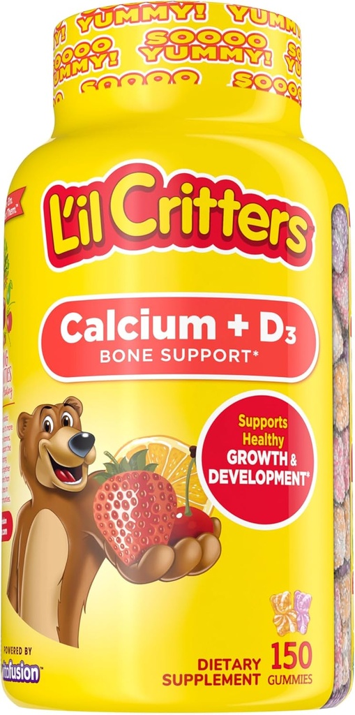 L 'il Critters vápník + D3 Daily Gummy dodatek pro děti, pro podporu kostí, pomerančové, jahodové a třešňové příchutě, 150 gumové