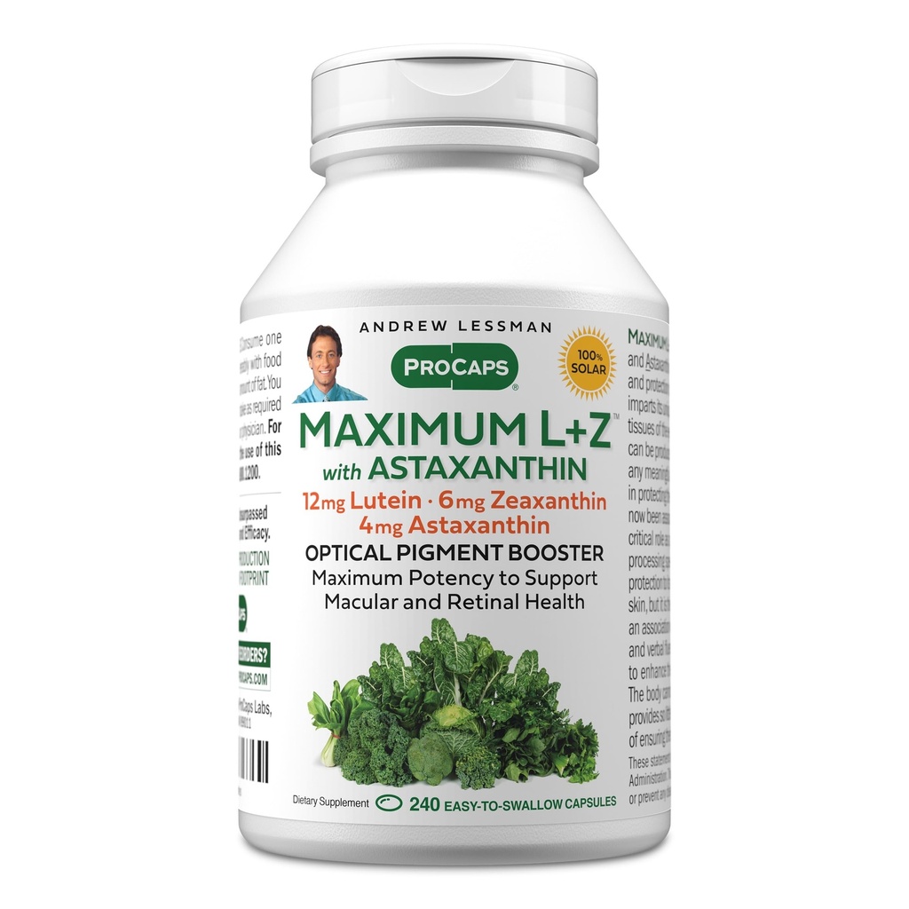 ANDREW LESSMAN Maximum L + Z s Astaxanthin 240 Softgels - 12 mg Lutein, 6 mg Zeaxanthin, 4 mg Astaxanthin. Klíčové živiny na podporu očí a mozku zdraví, a podporovat zdravé vidění.