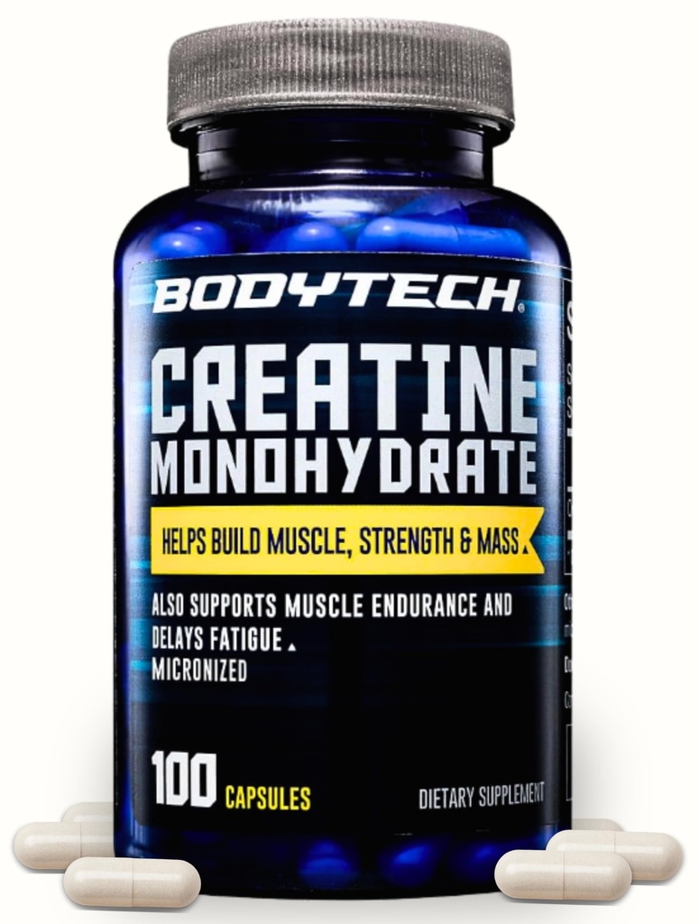 BODYTECH tvorové monohydrát Kapsle mikronizované podporuje svalovou sílu, hmotnost a vytrvalost (100 Kapsle)