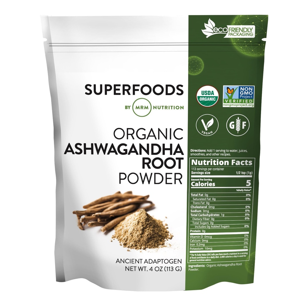 MRM Nutrition Organic Ashwagandha Root Powder 124; Superfoods OF 124; Ancient adaptogen OF 124; Antioxidants OF 124; Vegan + gluten- Free OF 124; 113 Servings