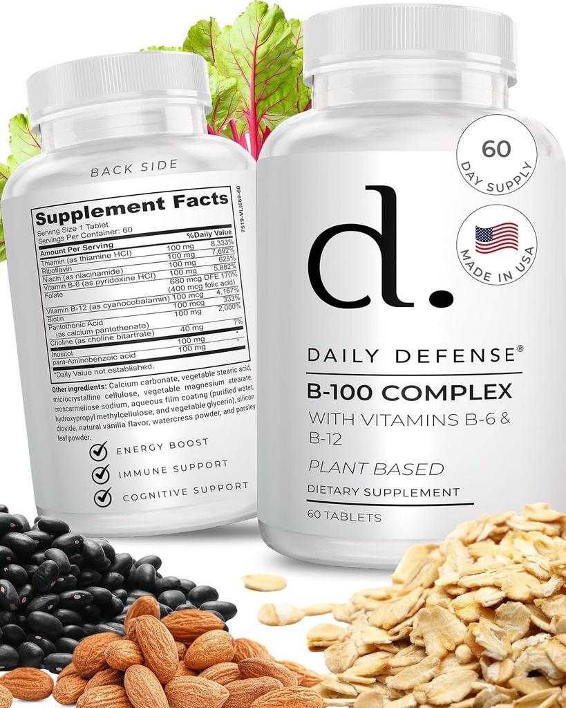 B Komplexní vitaminy pro muže a ženy B-100 Komplex s vitaminem B-6, vitaminem B-12, thiamin, & Více - Energetické doplňky na bázi rostlin pro imunitní a kognitivní podporu - 60 tablet
