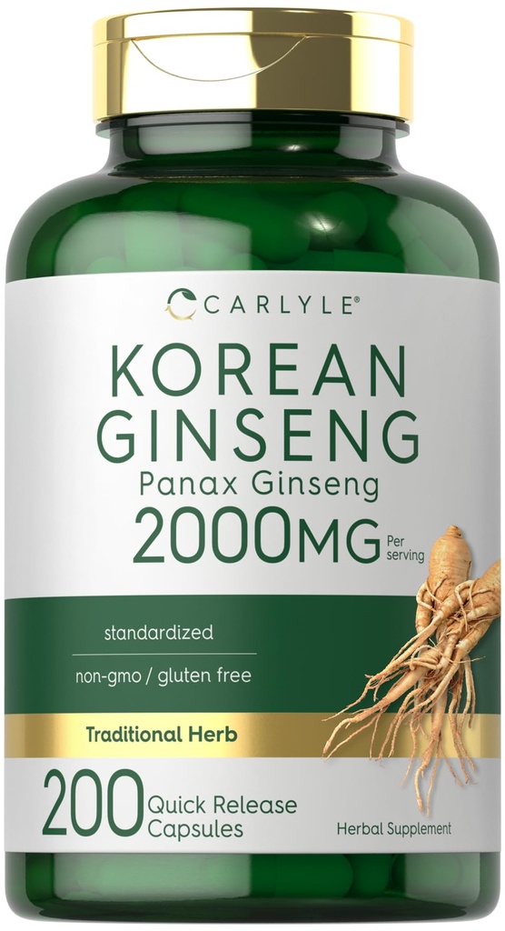 Carlyle Korean Ginseng Extract Capsules 2000 mg IR 124; 200 Kapsle IR 124; Non- GMO a gluten Free Formule IR 124; Standardizovaný Panax Ginseng Dodatek