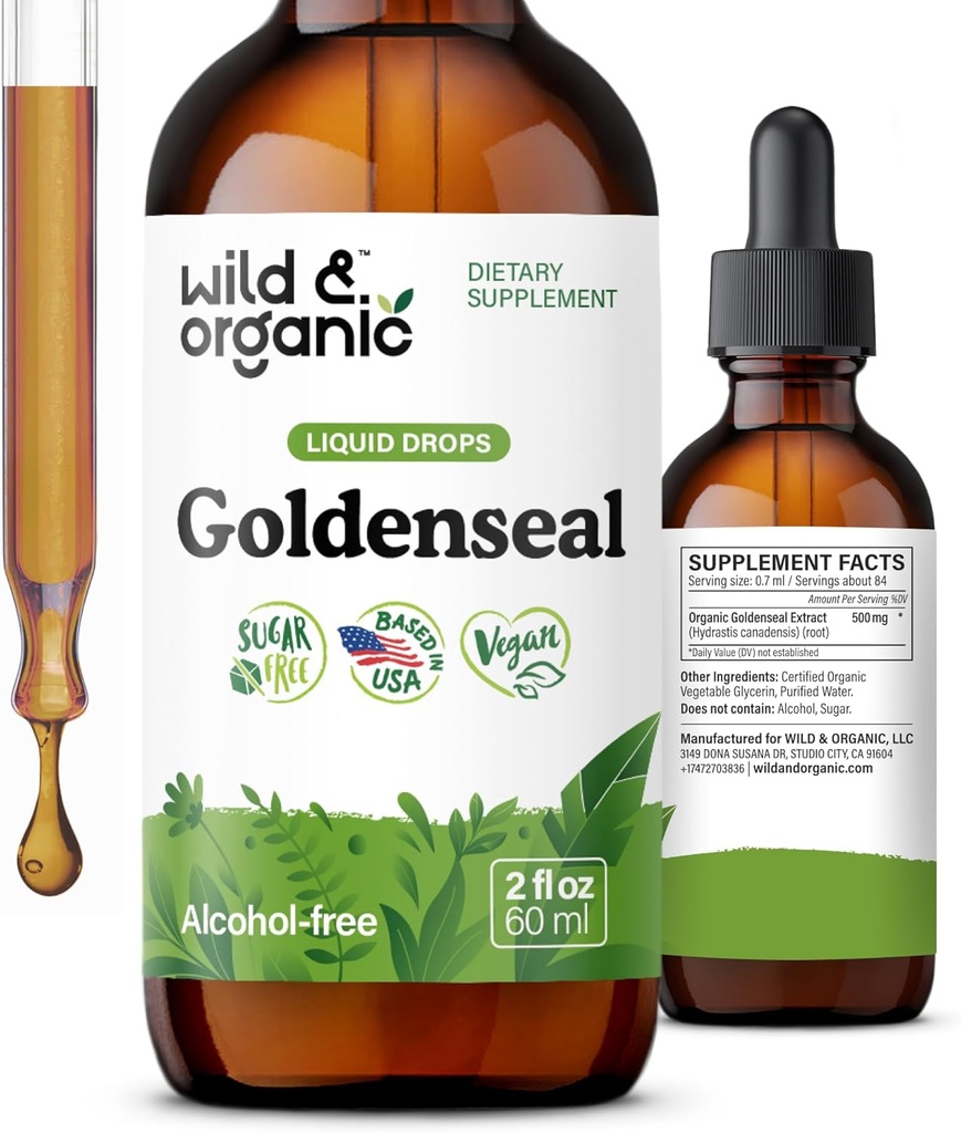 Wild & Organic Goldenseal Root Tincture - Lung Cleanse, Imunite & Digestive Supplement - Liquid Goldenseal - Vegan, Cukr & Alcohol- Free Herb Drops - 2 fl oz