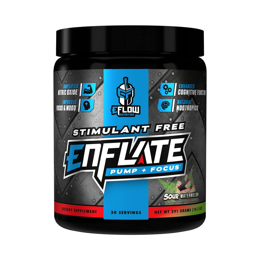 eFlow Nutrition Enflate Stimulant Free Precvik Dodatek - Pump a Focus Nootropic Pre Workout Powder to Boost Focus for Men & Women - Sour Watermeloun (30 Servings)