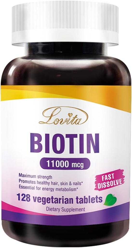 LOVITA Maximální síla 11,000mcg Biotin: Fast- Disolving, Vegetarian Tablety - Snadno absorbované, gluten & Dairy- Free, 128 Vegan- Friendly Tablety