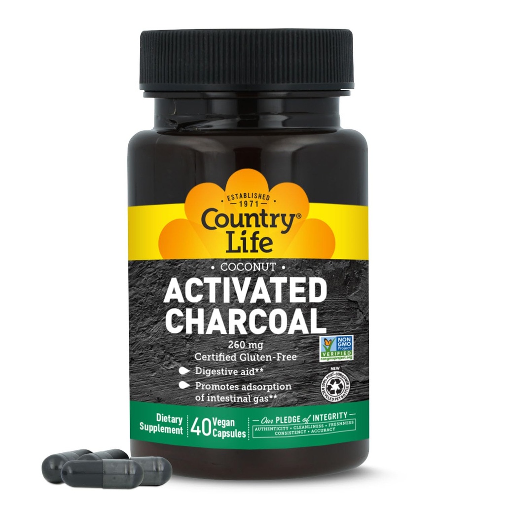 Country Life Coconut Activated Charcoal Capsules, 260mg - Přírodní Charcoal Supplement for Gas and Bloating Relief - Gluten- Free, 40 Vegan Kapsle