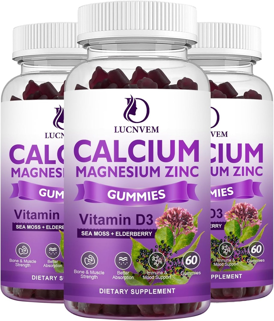 Vápník hořčík zinečnaté gumy witn Elderberry a Moss, vápník hořčík 2: 1, Obsahuje Glycinát hořčíku, Vitamin D3, pro kosti, Svaly, klidnou mood & spánková podpora, 60 Gumy (3 balení)