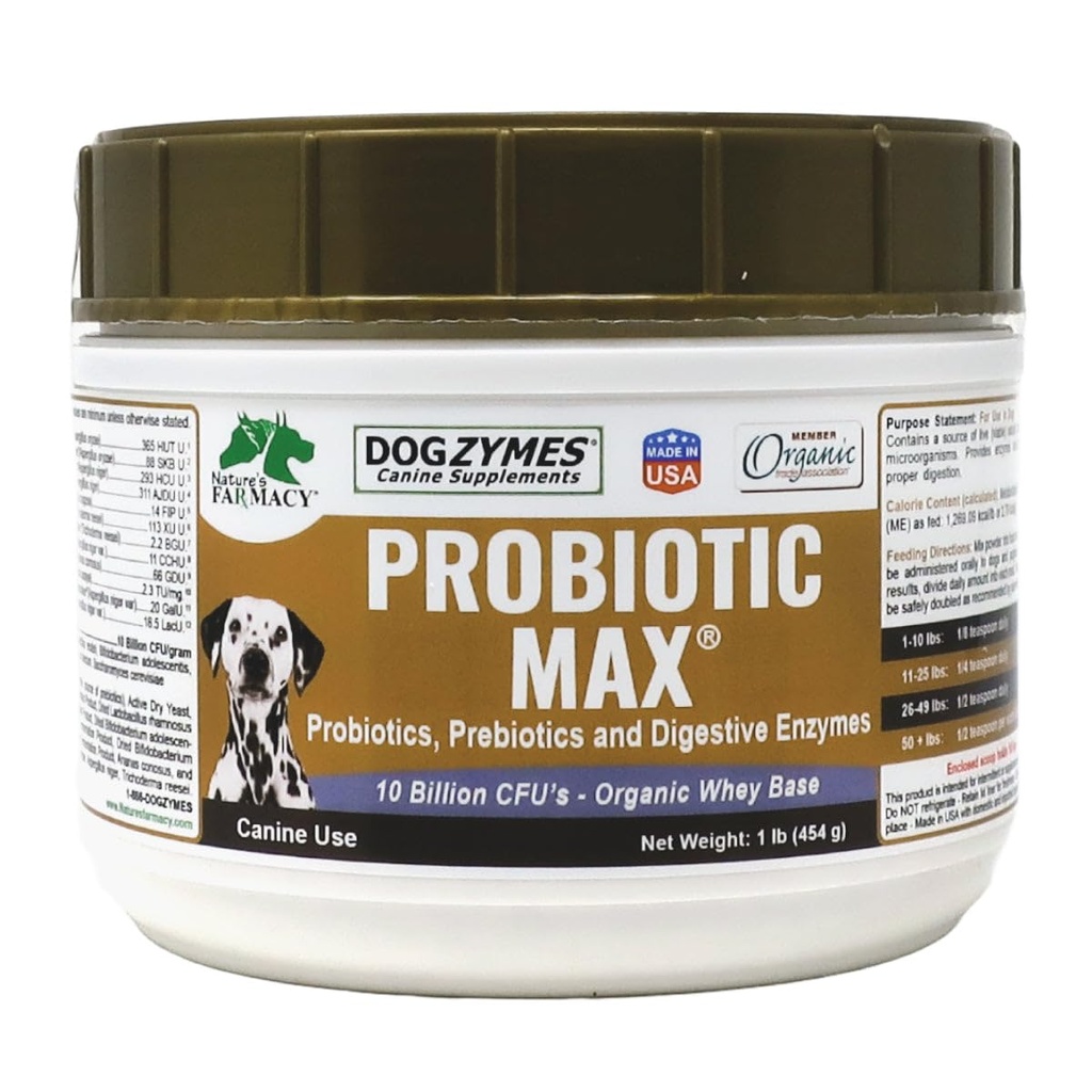 Dogzymes Probiotic Max -10 Milionů CFU Probiotika, Prebiotika, Digestivní Enzymy - Zmírňuje průjem, Upset žaludku, zácpa, plyn, alergie, imunita a celkové zdraví 1 libra