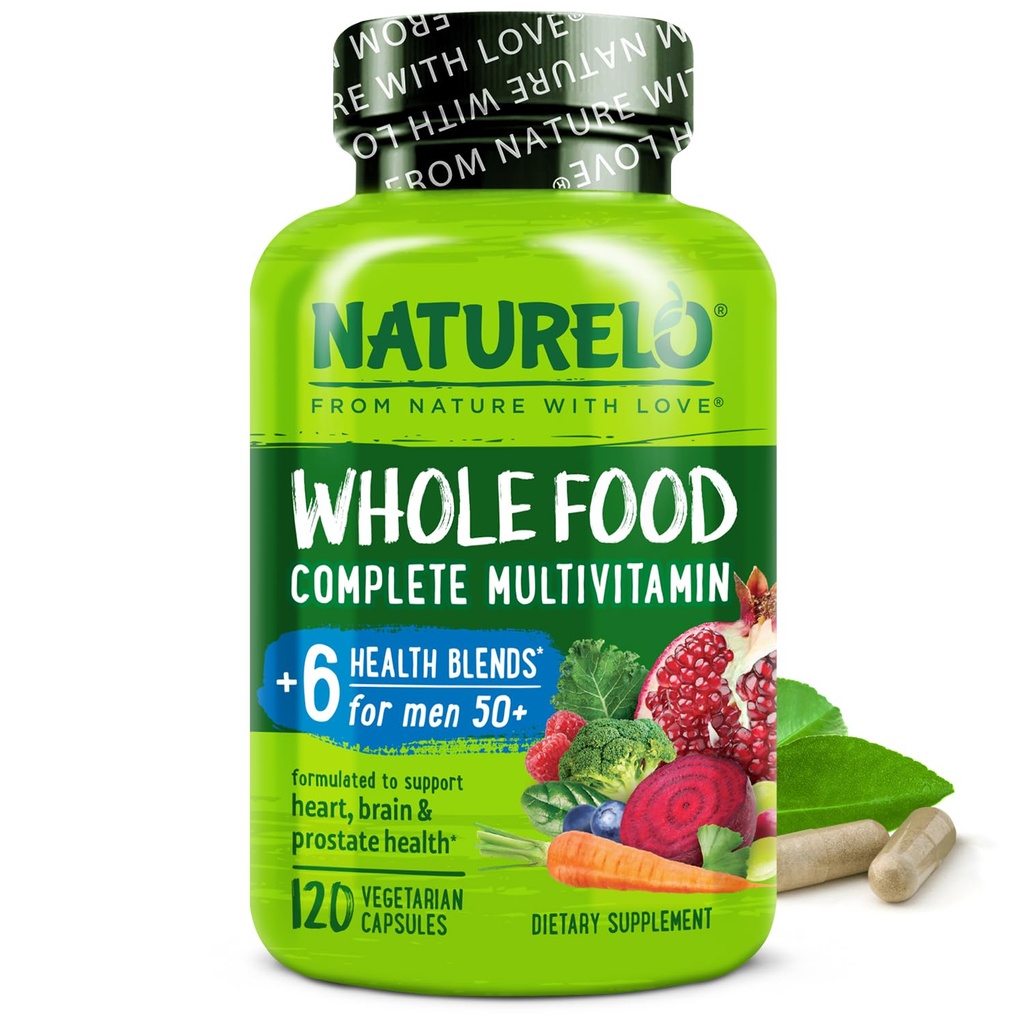 NATURELO All Food Multivitamin pro muže 50 + - s vitamíny, minerály, organické bylinné extrakty - Vegan Vegetarian - pro energii, mozek, srdce a oční zdraví - 120 Kapsle