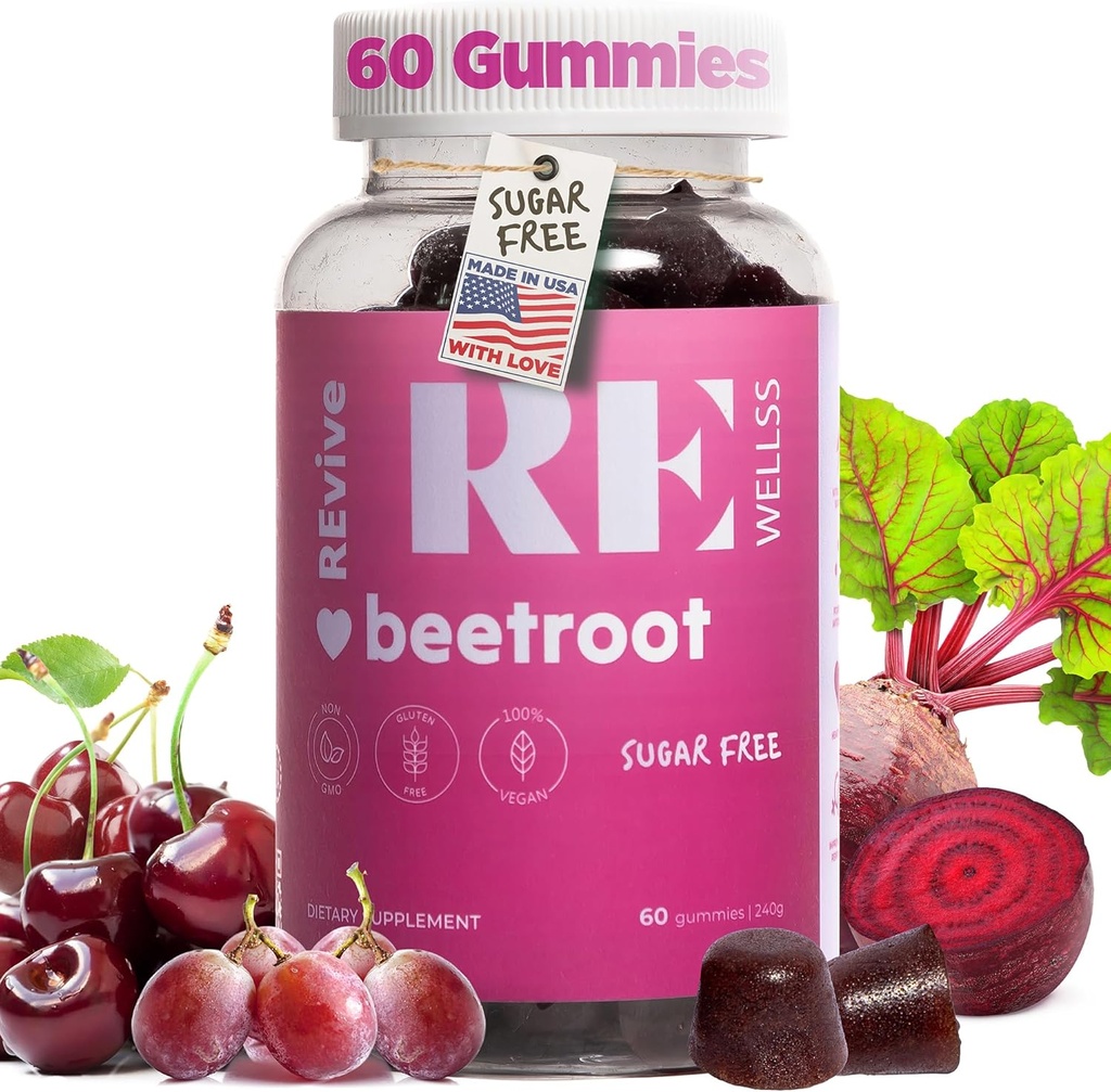 Řepné kořenové gumy s extraktem z grapefruitového semínka doplňky energie I Supplementary bez obsahu oxidu dusnatého pro muže a ženy I Celkové zdraví a krevní tlak Podpora I 60 Gummies - Cherry Flavor
