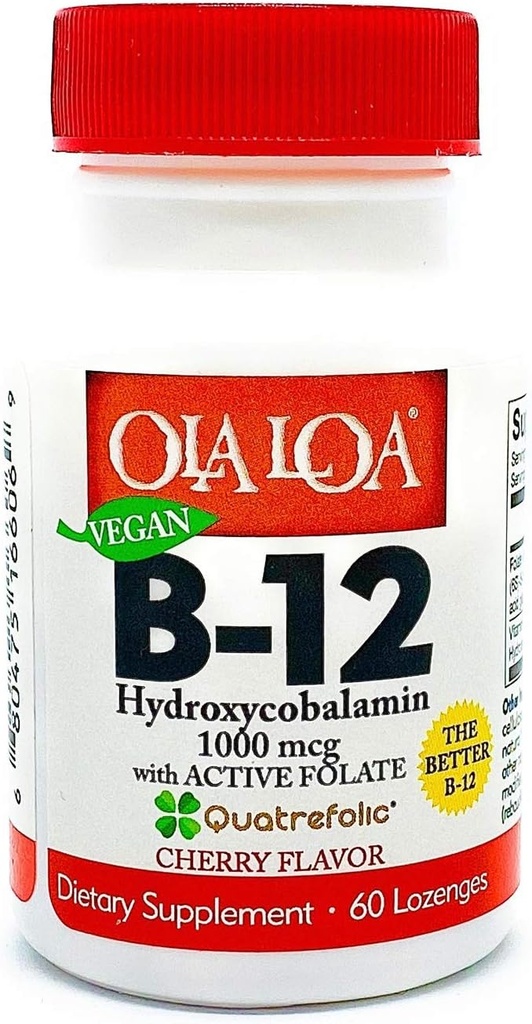 Ola Loa Vitamin B12 Sublingvální třešňový dietní dodatek - HydroxyCobalamin, aktivní folát, Veganský vzorec - Podpora energie, Nerve, a mozková podpora - 60 tablet