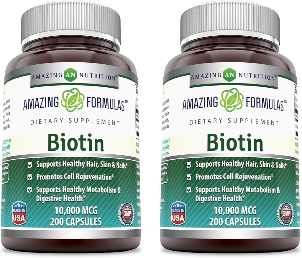 Amazing approvas Biotin 10000 mcg Veggie Kapsle 124; Vitamin B7 dodatek CP124; Non-GMO CP124; Gluten Free CP124; Made in USA (200 Count CP124; 2 Pack)
